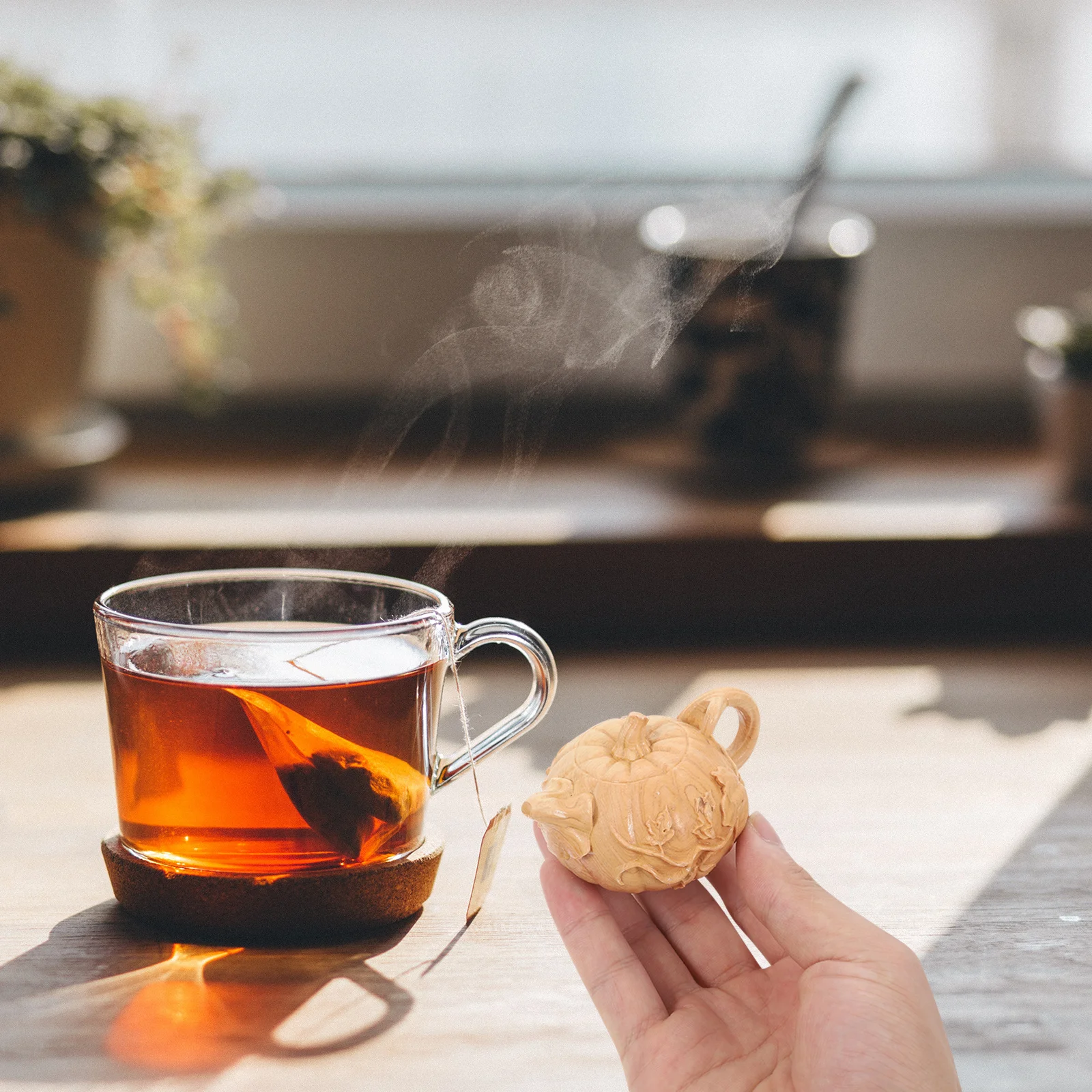 

Wood Carved Pumpkin Kettle Decorative Sculpture Home Garden Office Wooden Carving Ornament Festive Craft Wooden Carving Figure