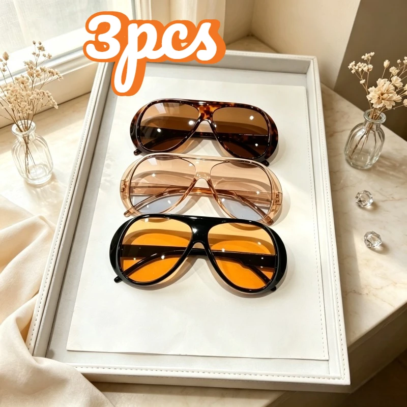 1/3Pcs Unisex Retro Large‑Frame Aviator Fashion Glasses Set, for Driving, Travel & Beach Vacations
