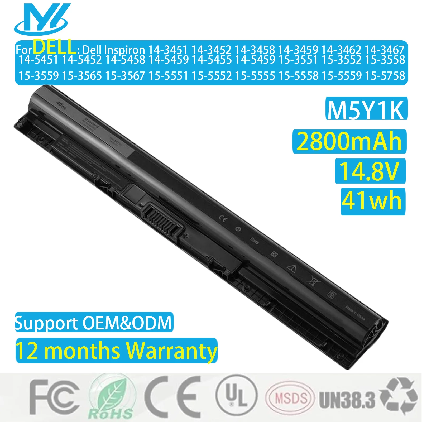 

14.8V 40Wh Notebook Battery M5Y1K for Dell Inspiron 3451 3551 5558 5758 5759 Inspiron 14 15 3000 V-ostro 3458 3558 WKRJ2 K185W