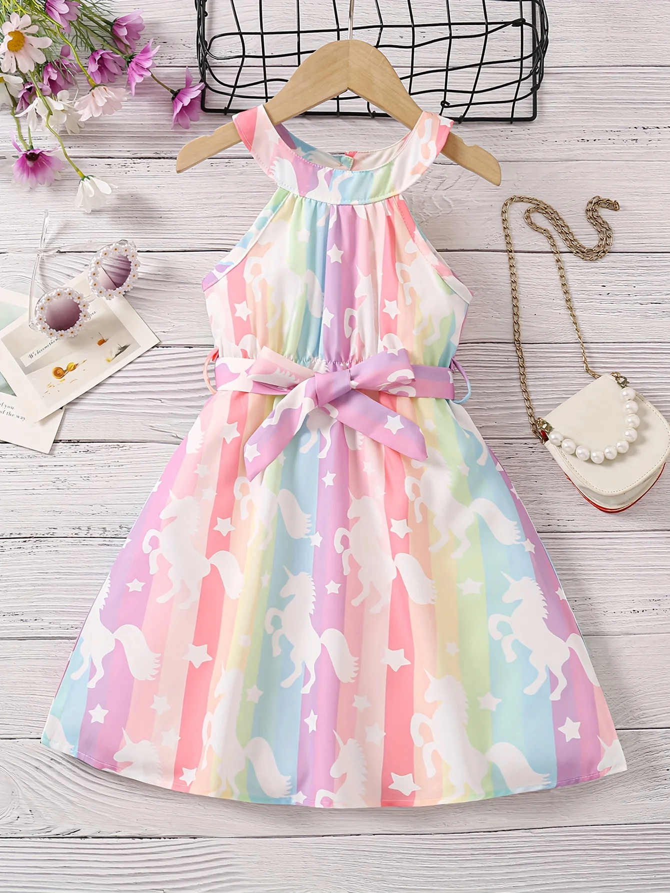 2024 Summer New Fashion Girl‘s Dress & Color Mixture and Sweet Candy Color & Unicorn Printing Sweet dream princess style