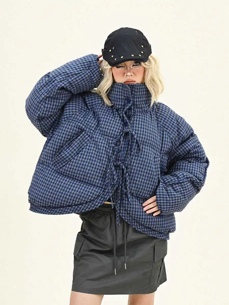 

Women's Bow Tie Tie Plaid Jacket Vintage Style Autumn Winter New Solid Color Female Oversize Zipper Long Sleeves Coat