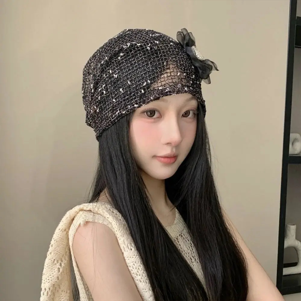 

Fashion Multicolor Knitting Beanie Thin Soft Lace Flower Pullover Hat Big Head Circumference Breathable Cap Gift