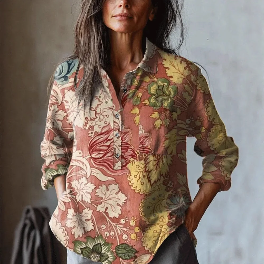 

Women's Vintage Flower Print Shirts Fashion Casual Long Sleeve Button Pullover Tops Shirt 2025 Spring Autumn Style All-match