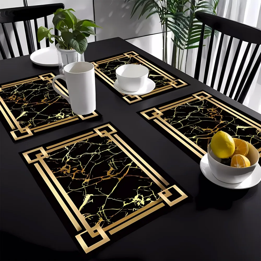 VIKAMA 4-teiliges Tischset-Set mit schwarzem und goldenem Muster – rutschfeste Tischsets für Küchentische, Partys/Heimdekoration