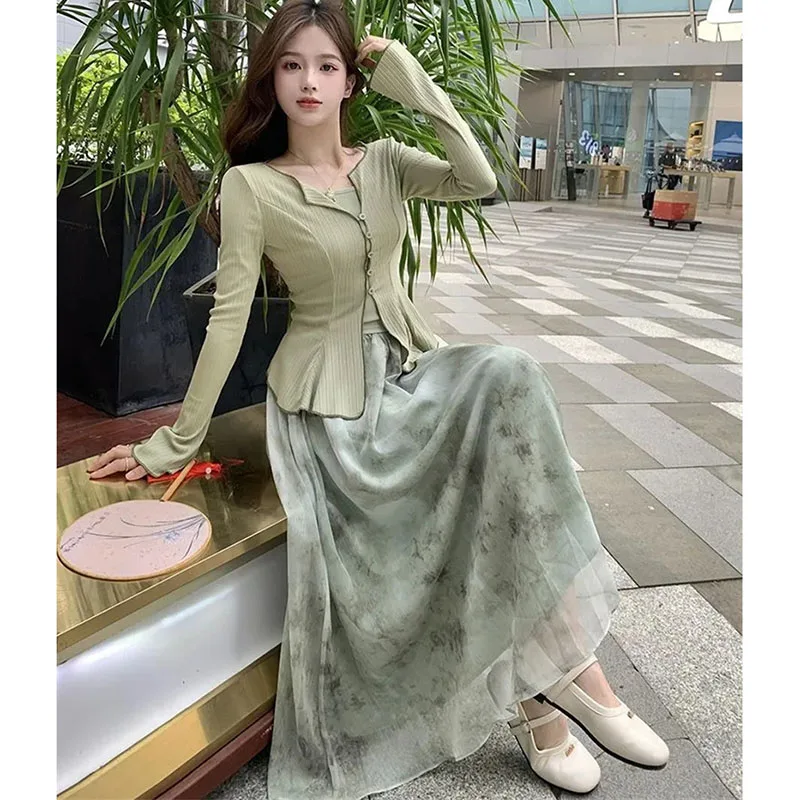 Women Fashion Camisole Thin Shirt 3PCS Spring Summer Ladies Floral Print Outfit 2025 Female Ink Wash Long Skirts Three-piece Set