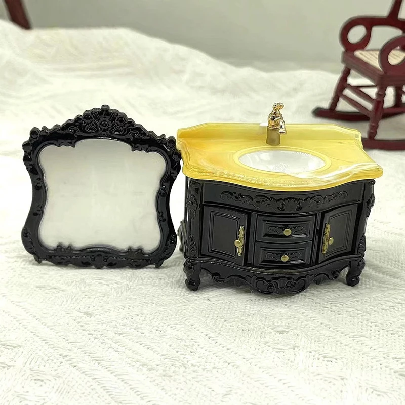 Dollhouse Mini Furniture Basin Sink Mirror Mini Bathroom Scene Home Washbasin Toy Ornament For Doll House Decoration Accessories