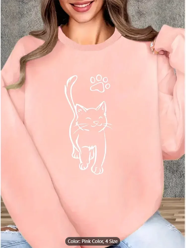 

Женский абрикосовый свитшот Cat Paw Line Art Графический принт Повседневный пуловер большого размера для любителей кошек Чистый хлопок с длинными рукавами