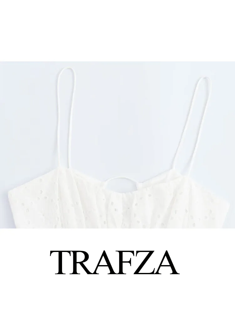 TRAFZA-Vestido feminino oco sem costas bordado sem mangas, vestido Midi plissado com renda, vestido com zíper feminino, moda verão