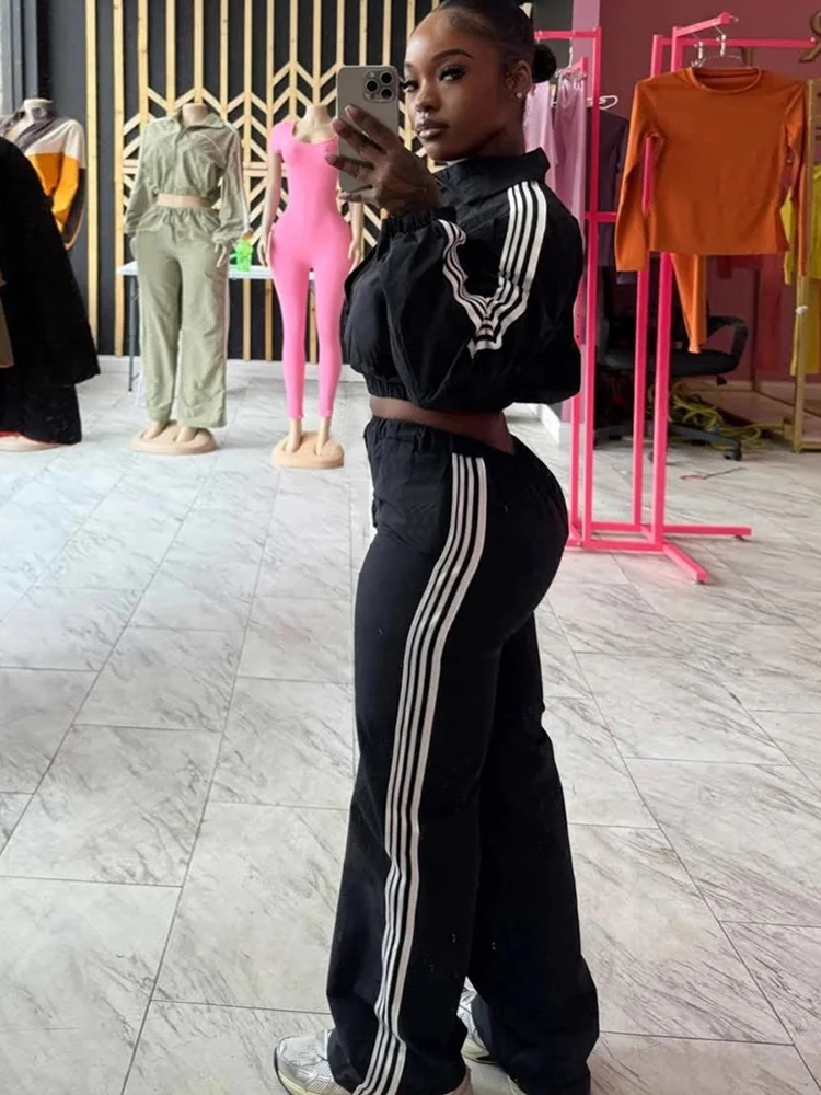 

InGrily Simple Sporty 2 Piece Set Women Stand Collar Side Stripe Full Sleeve Zip Crop Jacket+Straight Pants Casual Street Suit