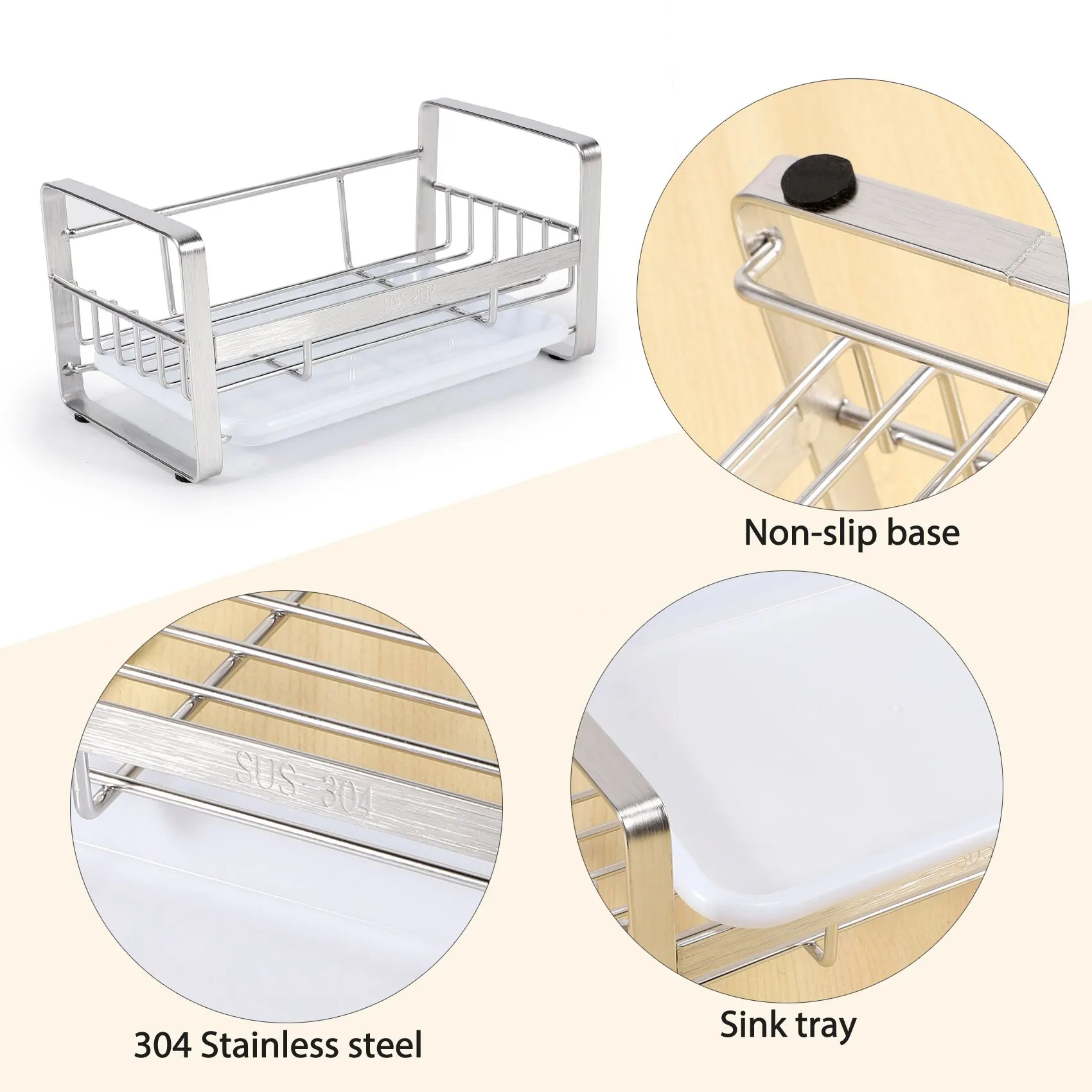 

B-T Sponge Holder, Sponge and Soap Holder for Kitchen Sink, 304 Stainless Steel Kitchen Dish Soap Tray Organizer