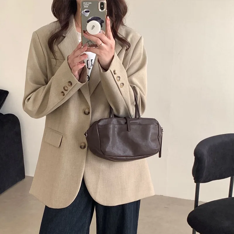 New Natural Vegetable-Tanned Soft Lambskin Bowling Bag Retro Minimalist Handbag Fashion Soft Genuine Leather Boston Pillow Bag