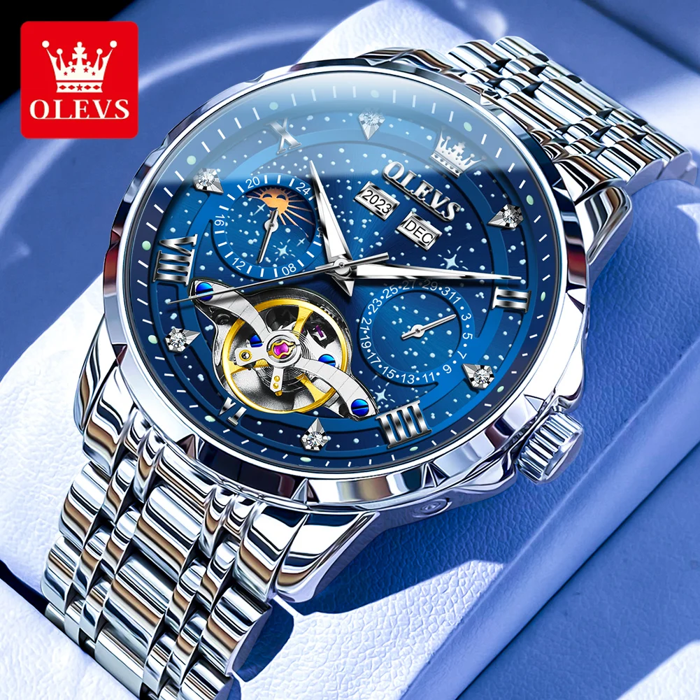 OLEVS Top Brands Fashion Original Men\'s Watches Starry Sky Dial Luminous Skeleton Fully Automatic Mechanical Watch Waterproof