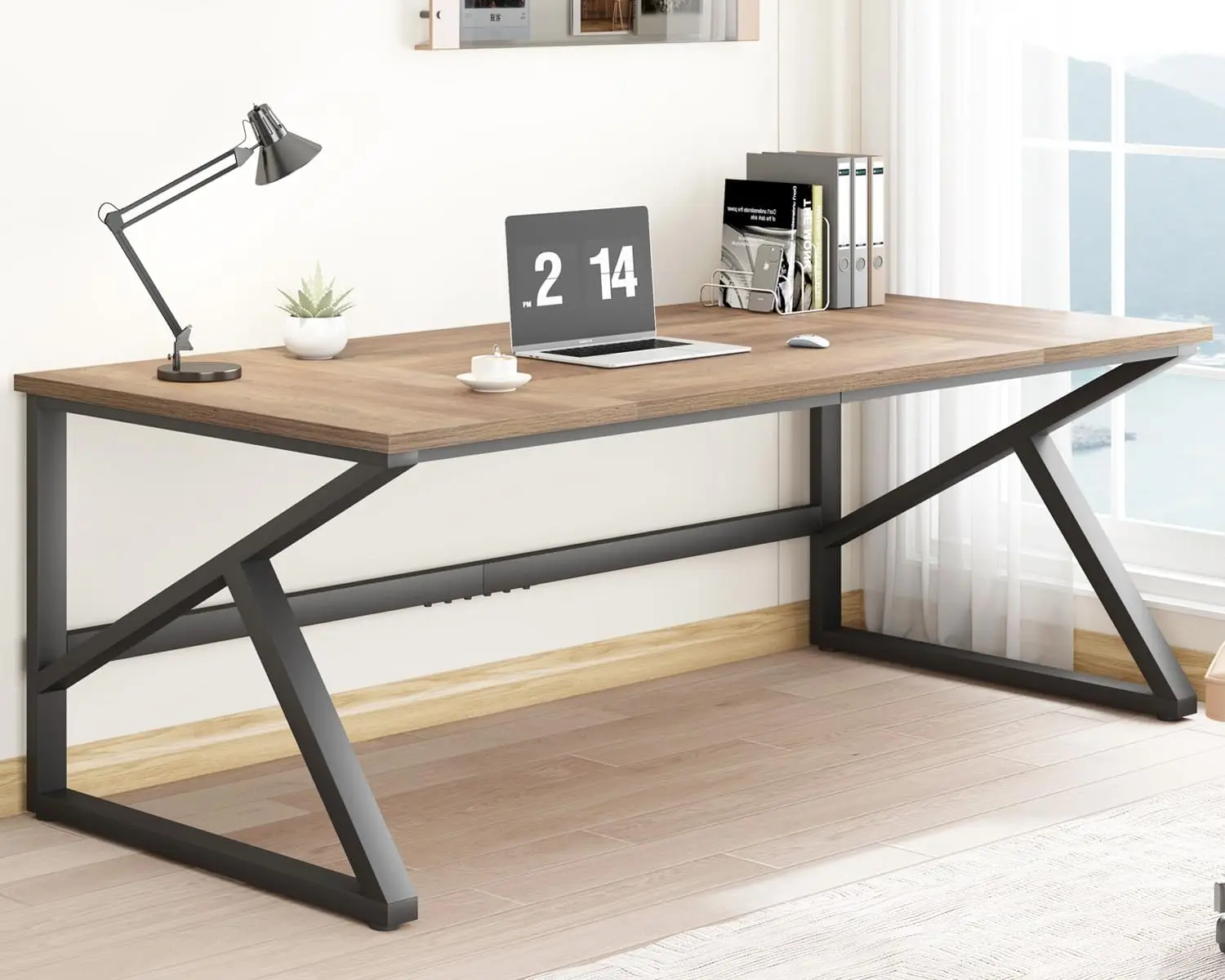 Large Computer Desk, Rustic 70 Inch Long Home Office Metal Wood Desk, Industrial Big 2 Person Desk Table for Executive