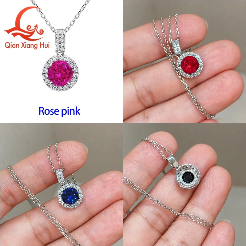 S925 Silver Round Halo Pendant Necklace 6.5mm Lab Grown Gemstone Moissanite Surround Multi Color Ruby Sapphire Padparadscha