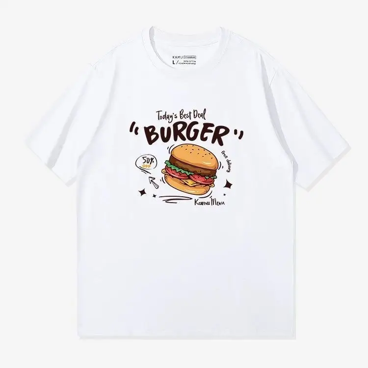 Serie T-food Verano Élément Hambourg Impresión Coton Camiseta Dété Américain À Manches Courtes Ample