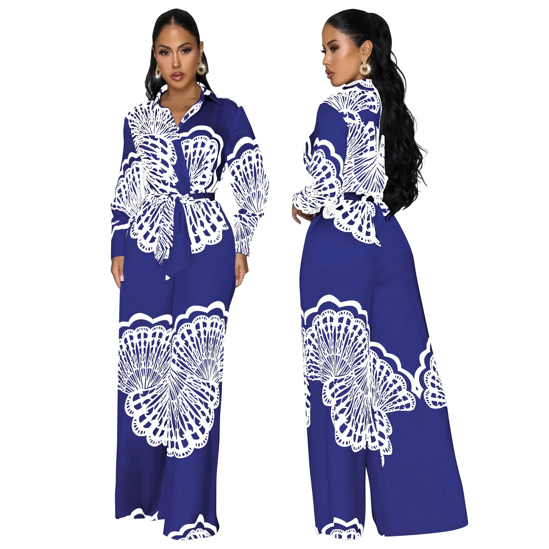 Vrouwen lange mouw print riem wijde pijpen lange jumpsuits 2025, herfst winter feest strand mode straat sexy outfit rompertjes