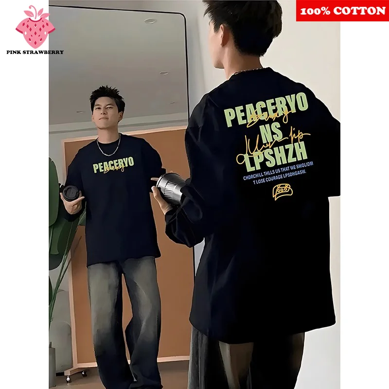 

American Letter Print T-shirt Men Autumn 2025 New 100% Cotton Oversize Black Long sleeves Loose Casual Tee Y2k Top Man clothing