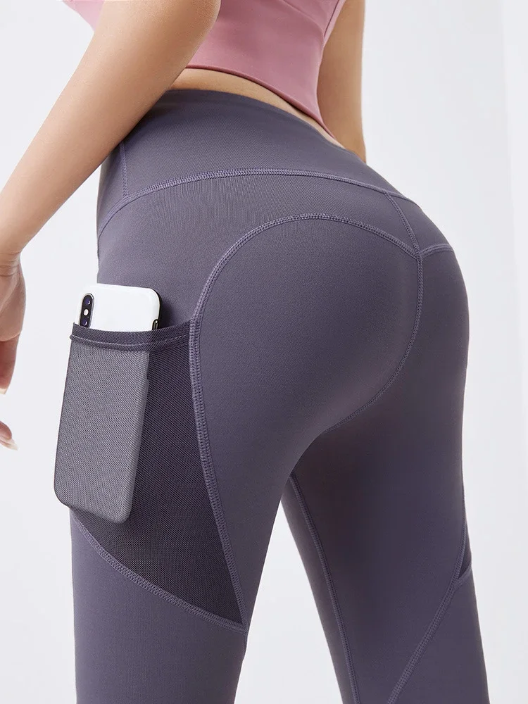 Pop กางเกงโยคะกระเป๋าสะโพกยก Bottoming Quick-drying เสื้อผ้าโยคะ Breathable ยืดตาข่ายกระเป๋าด้านข้างวิ่งออกกําลังกายกางเกง