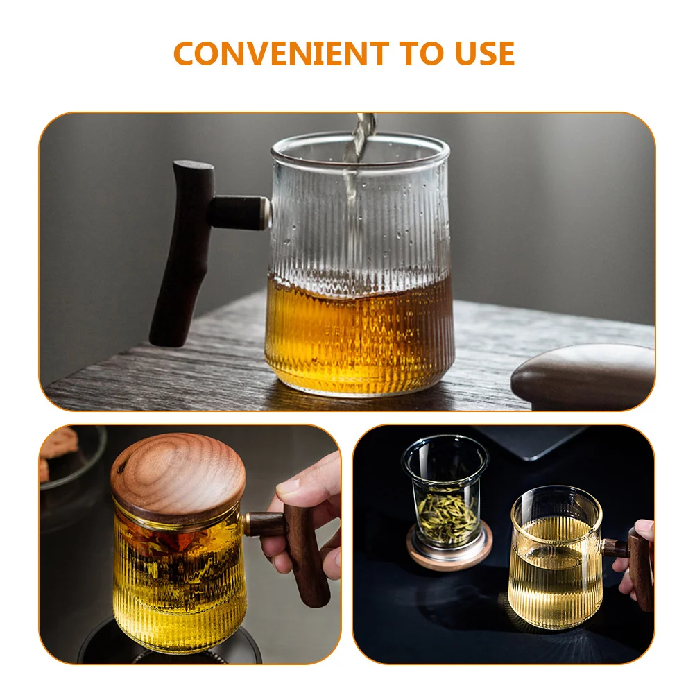 

Vertical Stripe Tea Cup Mugs Clear Cups Filter Loose Steeper Home Office Glass Infuser Cup Lid Set Three Piece Tea Glass