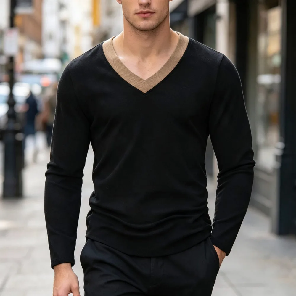 Mens Long Sleeve T Shirt Slim Fit V Neck Sport Tee Brushed Fabric Casual Base Layer Fitness Training Gym Athletic Top