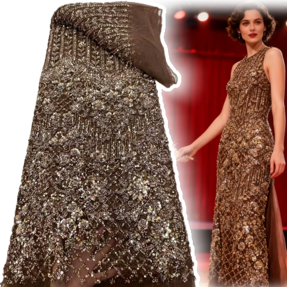 

New Design Fashion Nigerian Artistic Pattern Handmade Embroidery Sequins Hot Sale French Beads Tulle Lace for Party Dress 1918