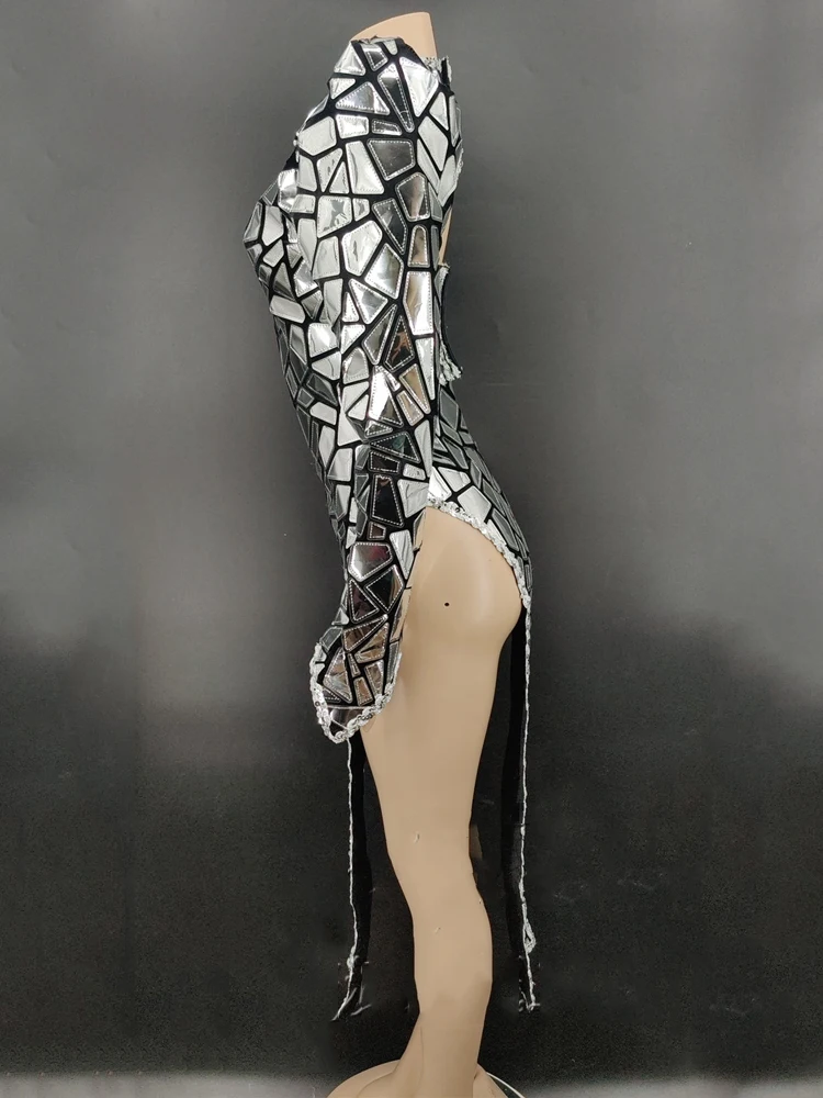 Silver Mirror Dress Long Sleeve Prom Dresses Sexy Slit Party Outfit Dj Gogo Dancer Clothes Female Singer Stage Costume