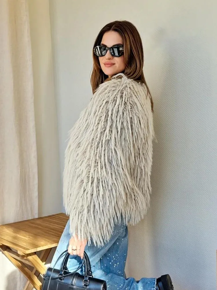 HH نساء موضة الصلبة س الرقبة طويلة الأكمام الطبيعية تقليد معطف الفرو الشتاء الإناث الدافئة عادية فضفاض أبلى جيوب سترة