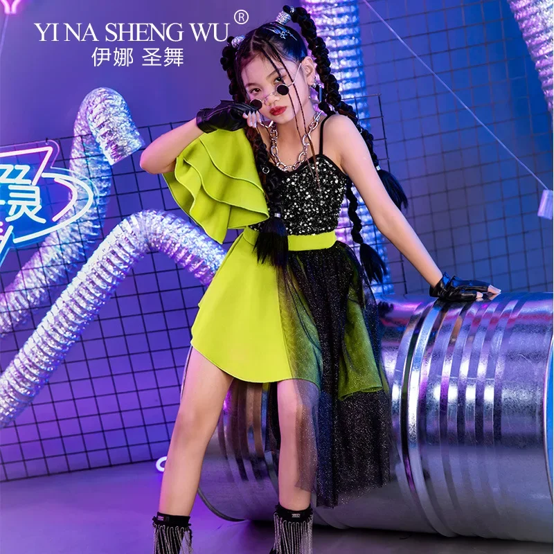 

Новые танцевальные костюмы для девочек, комплект платьев без рукавов с блестками, зеленый костюм для выступлений в стиле джаз, хип-хоп, сценический наряд для детей, клубная одежда для вечеринок и шоу
