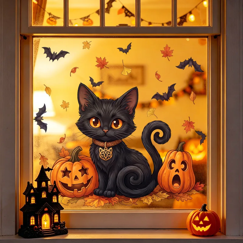 Halloween decorations cartoon black cat pumpkin head bat maple leaf static glass door sticker painting window flower