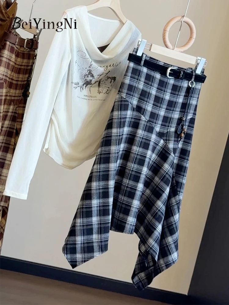 Beiyingni Casual High Waist Irregular Skirts Women Vintage Y2K Plaid Mid-Calf Skirt Female Hotgirls Autumn Winter Green Faldas