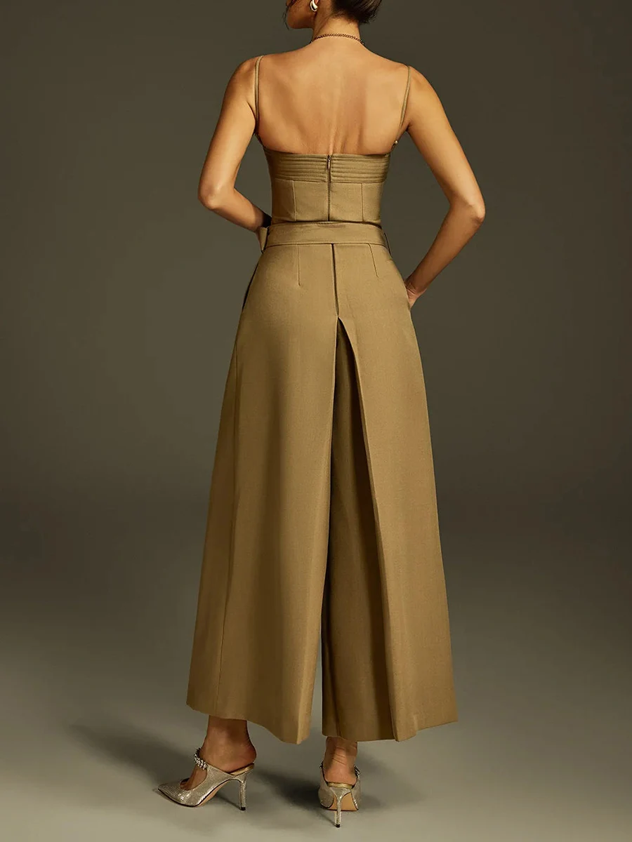 VGH 우아한 솔리드 슬리밍 점프 슈트 여성용 스퀘어 칼라 민소매 하이 웨이스트 스플라이스 벨트 캐주얼 통근 점프 슈트 여성