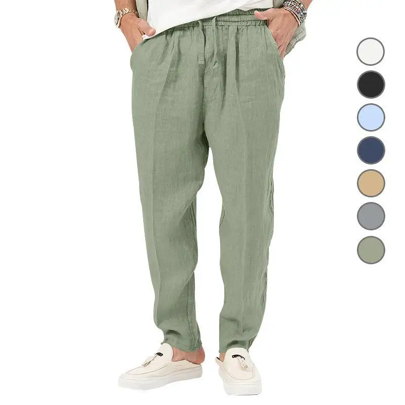 

Men's Loose Casual Cotton Linen Long Pants Breathable Summer 2023 Straight Leg mid Waist Youth Faion Military een Color