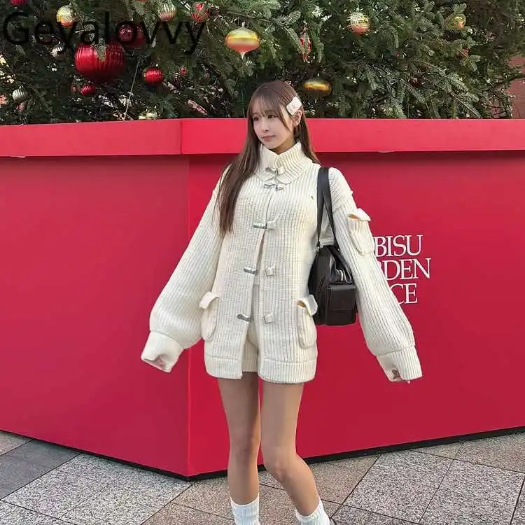 

Japanese Style Camisole Top + Knit Shorts + Duckbill Button Turtleneck Knit Cardigan Suit Women's Three-piece Set Autumn Winter