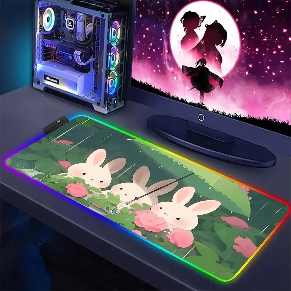 RGB Mouse Pad HD Printing Rabbit Illustration Gaming LED Backlight Keyboard Mats XXL 100x50cm For Computer Desk Pad Mouse Pad DI