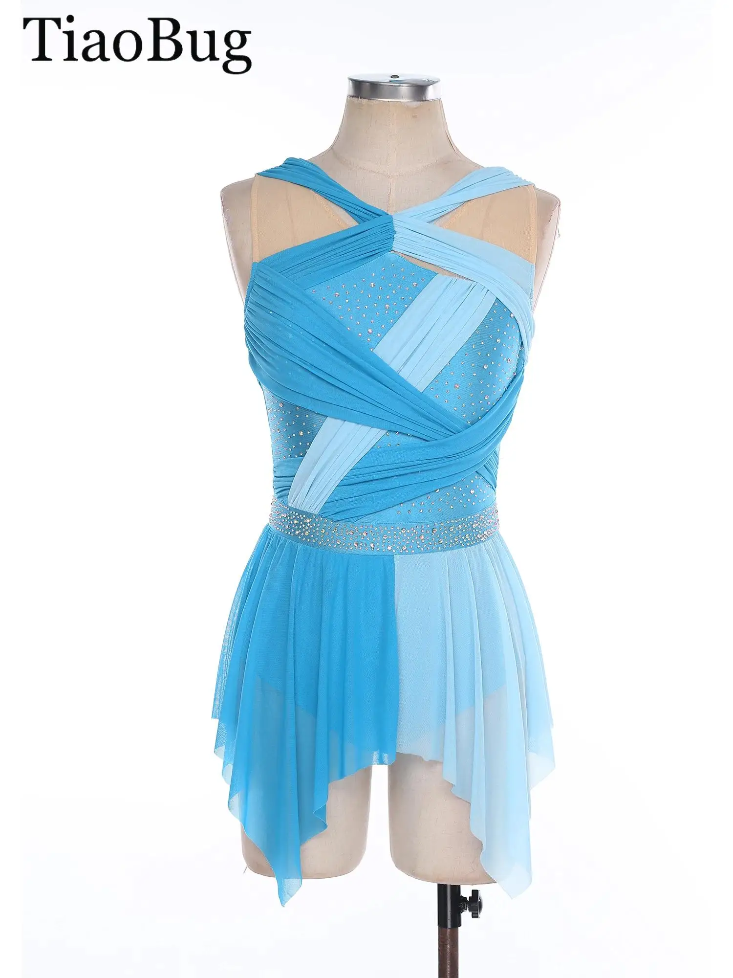 

Womens Rhinestone Lyrical Dance Dress Color Block Mesh Ruched Twisted Knot Irregular Hem Sleeveless Leotard Dress