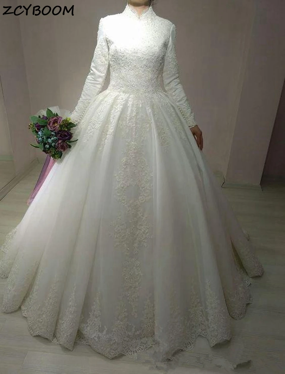 Gaun pernikahan panjang A-Line Arab Muslim untuk wanita 2025 gaun pengantin applique renda elegan leher tinggi Tulle Vestidos De Novia