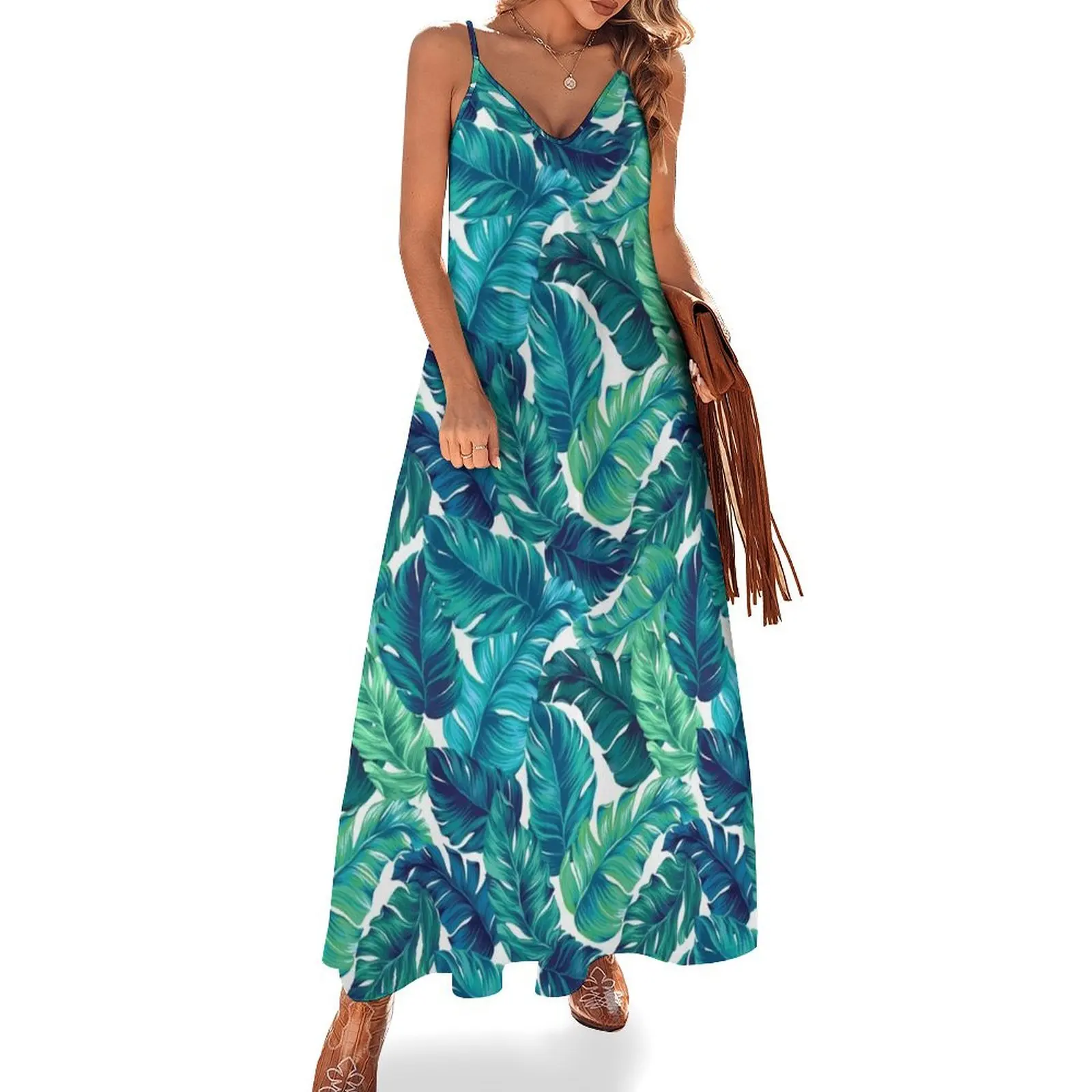 

Funky banana leaf pattern. Sleeveless Dress luxury dresses elegant chic women dresses promotion