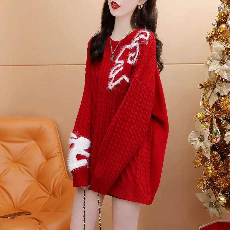 

#3876 Black Red Knitted Sweater Women O-neck Split Joint Knitwear Pullover Sweater Femme Loose Thick Long Sweater Batwing Sleeve