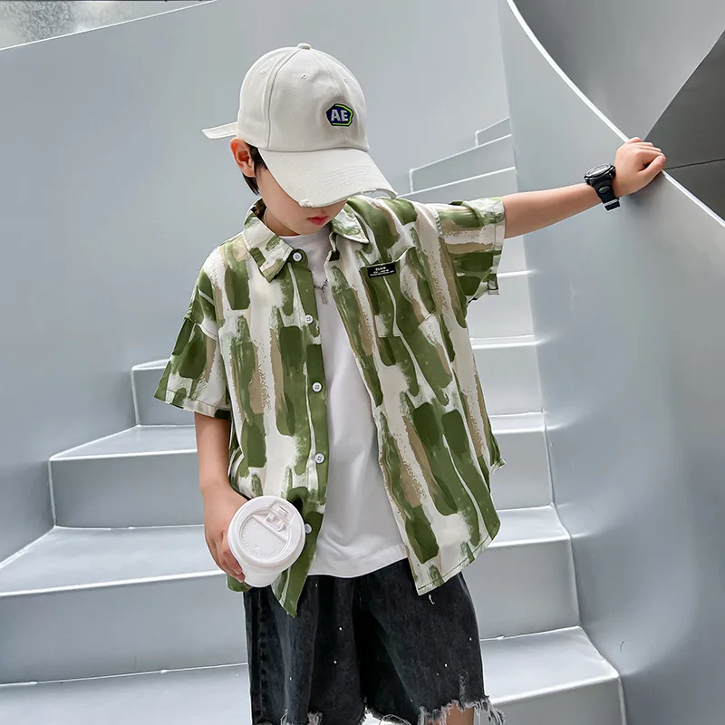 Trendy Brand Retro Oil Painting Style Boys' Shirt Summer2024New Children's Short-Sleeved Shirt Middle and Big Children's Summer