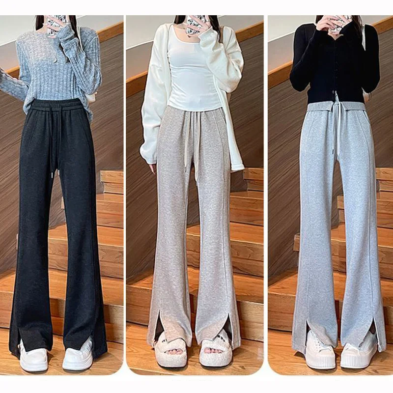 2025 أنثى عالية الخصر فضفاض رقيقة Sweatpants سيدة الكلاسيكية الصلبة جرس أسفل بنطلون المرأة موضة عادية مستقيم الساق السراويل