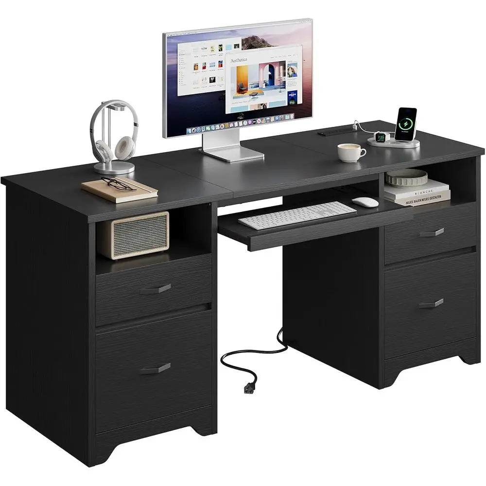 

59-дюймовый офисный стол для руководителя с местом для хранения, зарядной станцией и деревянными опорами для домашнего офиса или студии, черный