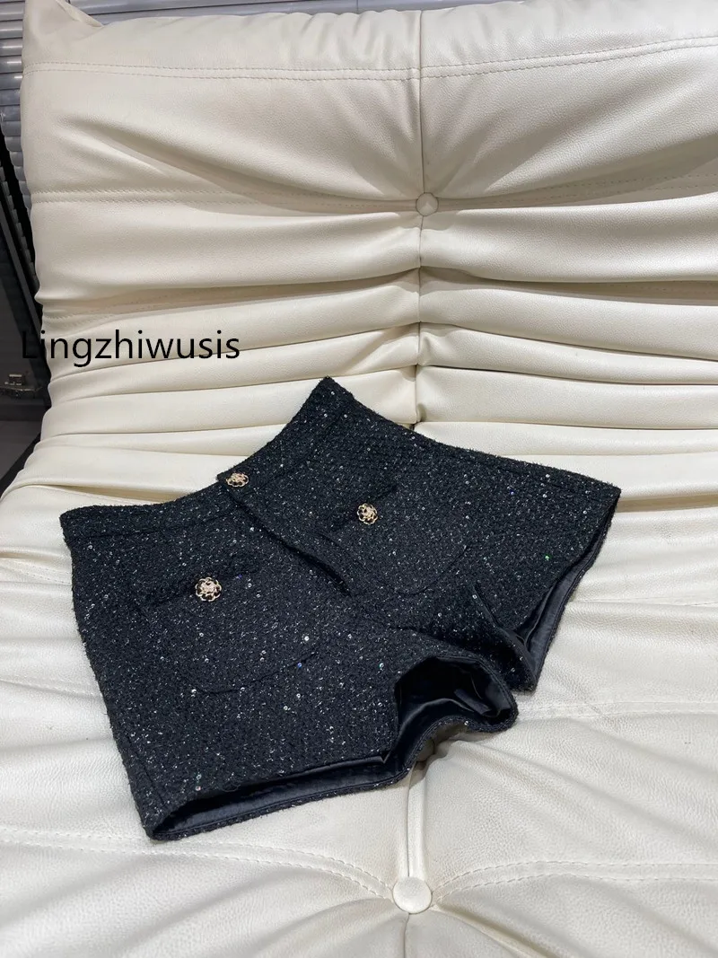 Lingzhiwusis French Vintage British Black Tweed Shorts Shining Top Quality Short Pants Ladies Elegant Flower Buttons High Waist