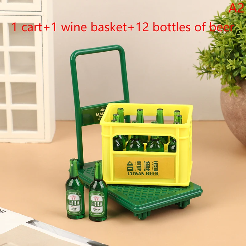 Poppenhuis Mini Simulatie Bierdranken met Mand & Trolley Winkelwagen 1/12 Schaalmodel Mini Meubelornamenten DIY Meubelspeelgoed