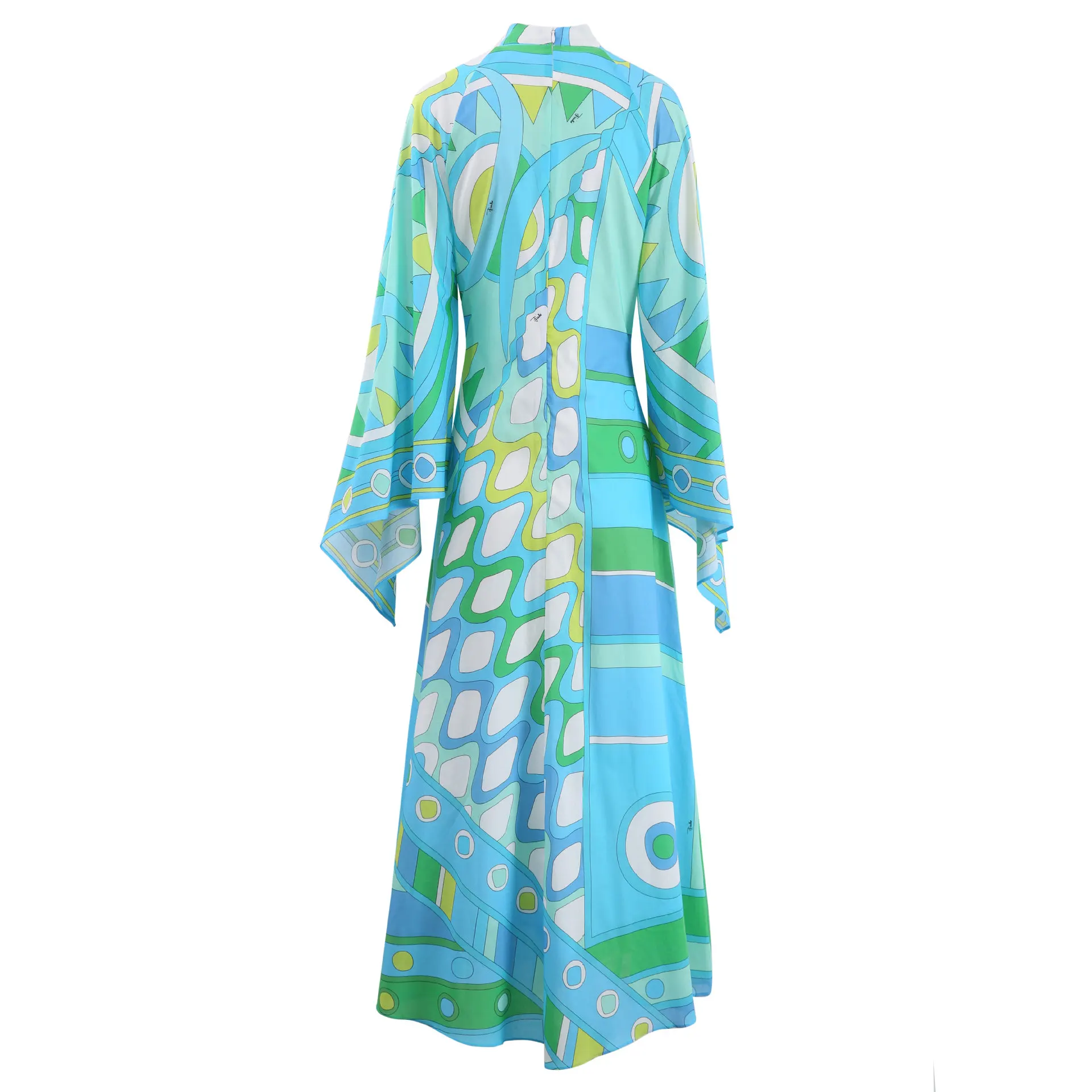 2025, Boho-Chic, grün bedrucktes A-Linien-Kleid für Damen, lässiges Baumwoll-Maxikleid mit hoher Taille und Stehkragen, Frühling und Herbst, locker