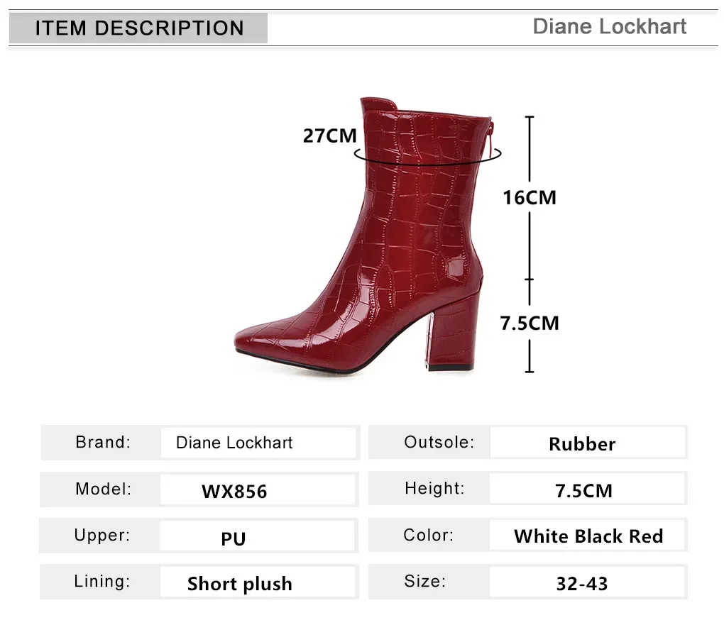 2024New Women Ankle Boots Female Zip Autumn Winter PU Leather Square Toe Ladies Chelsea Boats High Heels Booties White Red Black