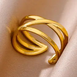 Stainless Steel Rings for Women Gold Color Couple Jewelry Aesthetic Accessories Adjustable 2024 New Punk Hollow Wide Party Ring