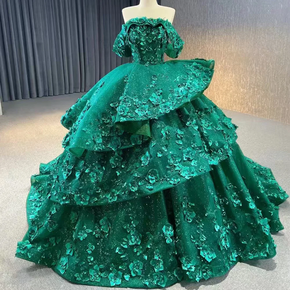 Sukienka Quinceanera Princess Green, bez ramiączek, z odkrytymi ramionami, sznurowana z tyłu, z aplikacjami, z możliwością dostosowania rozmiaru, idealna na specjalne okazje.