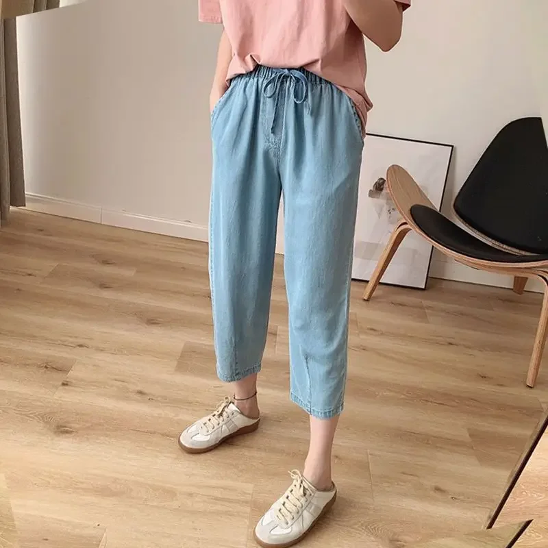 Summer Thin Denim Capris Radish Pants Women's Korean Edition Elastic Waist Loose Casual Harlan Pants