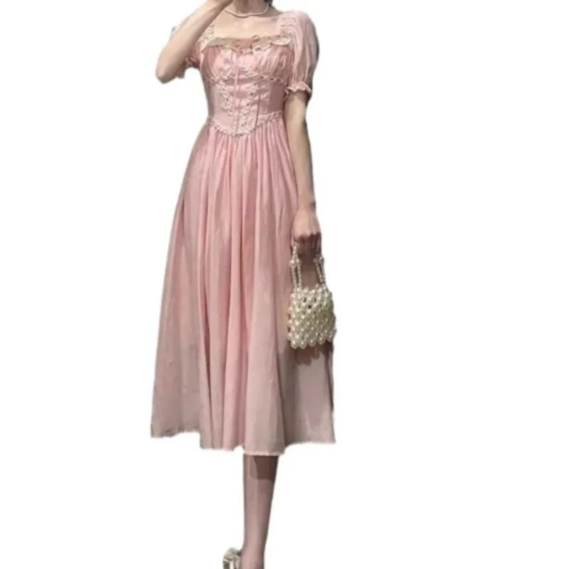 Tee pause elegantes Temperament Mode rosa Puff ärmel Kleid