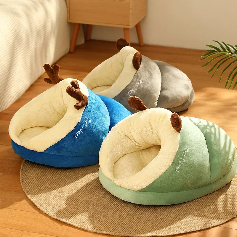 

Pet Kennel Cat House Semi-enclosed Winter Warm Thickened Slippers Cats Cushion Sleeping Bag Soft Washable Portable Nest cat beds